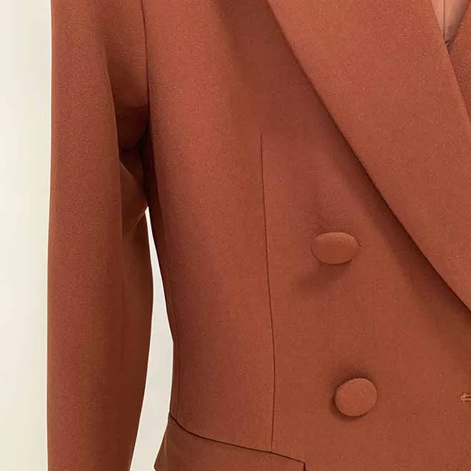 Women Brown Beige Pantsuit Double Breasts Fitted Blazer   Mid-High Rise Flare Trousers Pants Suit