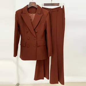Women Brown Beige Pantsuit Double Breasts Fitted Blazer   Mid-High Rise Flare Trousers Pants Suit