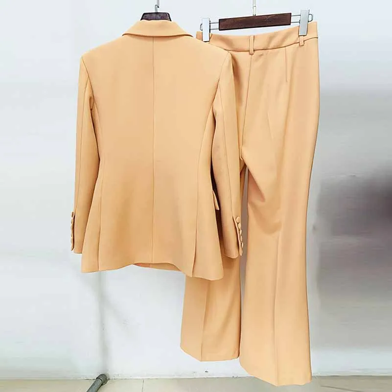 Women Brown Beige Pantsuit Double Breasts Fitted Blazer   Mid-High Rise Flare Trousers Pants Suit