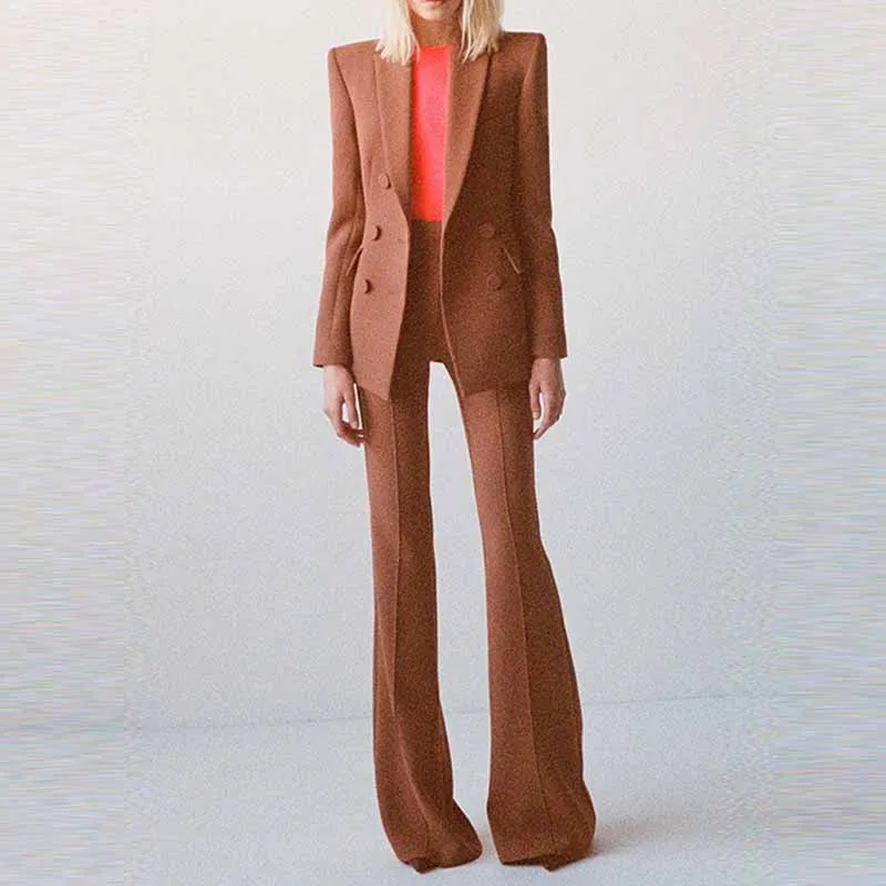 Women Brown Beige Pantsuit Double Breasts Fitted Blazer   Mid-High Rise Flare Trousers Pants Suit