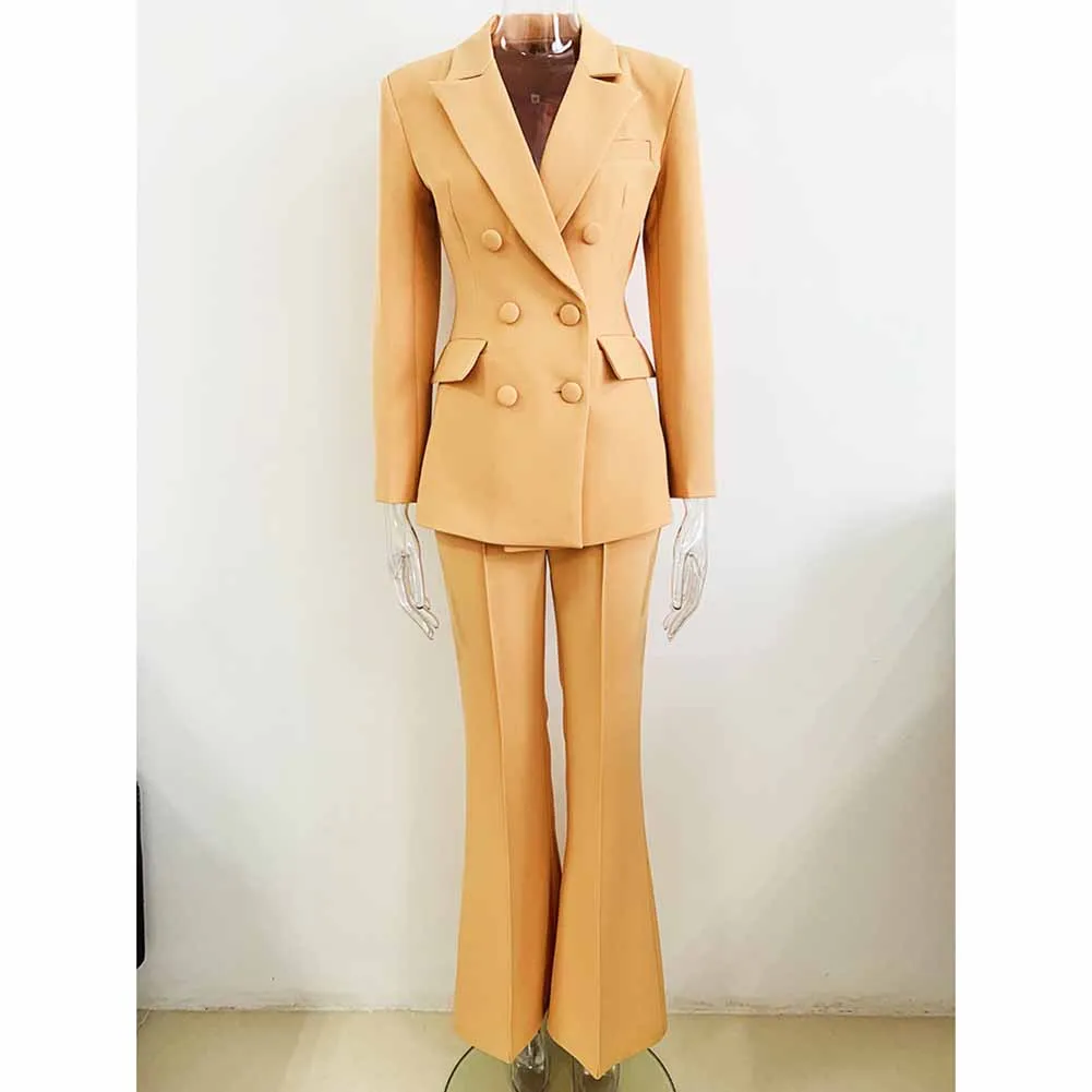 Women Brown Beige Pantsuit Double Breasts Fitted Blazer   Mid-High Rise Flare Trousers Pants Suit