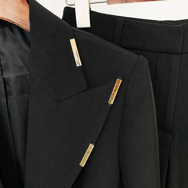Women Cream/ Black One Button Pantsuit Metal Trim Fitted Blazer   Flare Trousers Pants Suit Wedding Suit