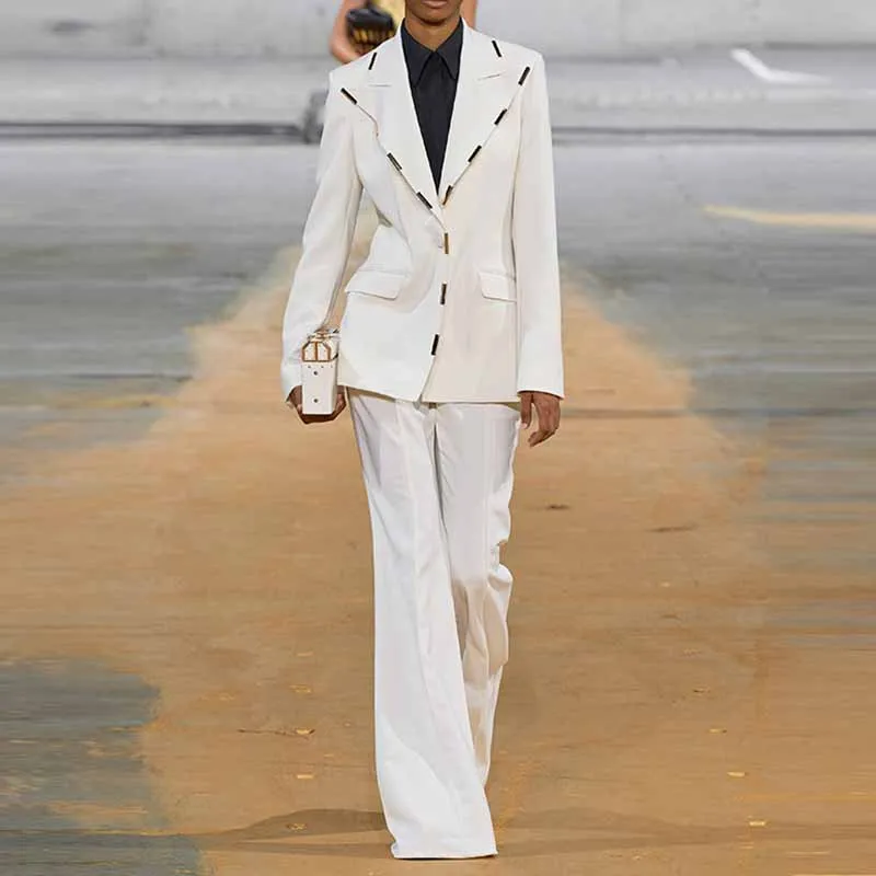 Women Cream/ Black One Button Pantsuit Metal Trim Fitted Blazer   Flare Trousers Pants Suit Wedding Suit