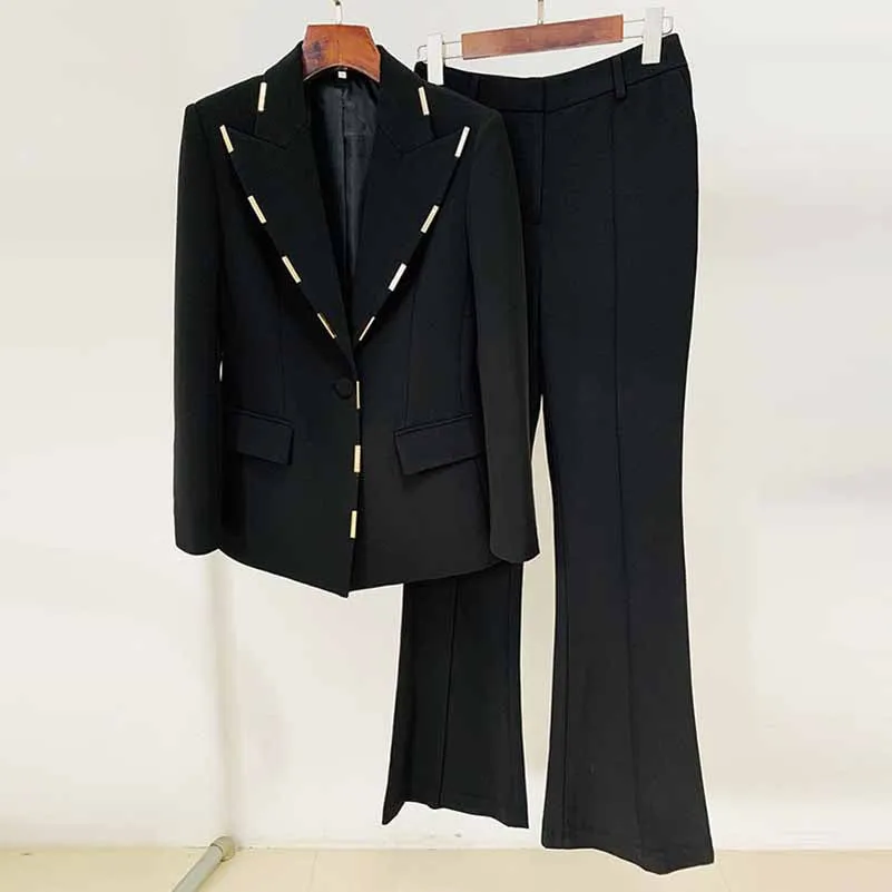 Women Cream/ Black One Button Pantsuit Metal Trim Fitted Blazer   Flare Trousers Pants Suit Wedding Suit