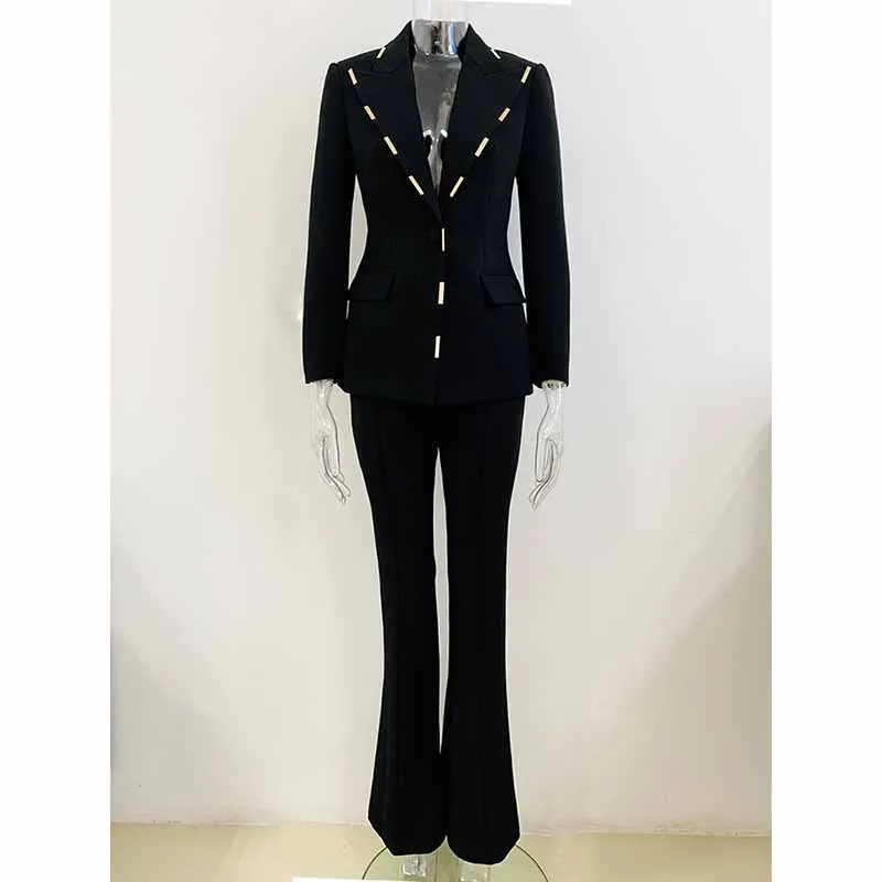 Women Cream/ Black One Button Pantsuit Metal Trim Fitted Blazer   Flare Trousers Pants Suit Wedding Suit