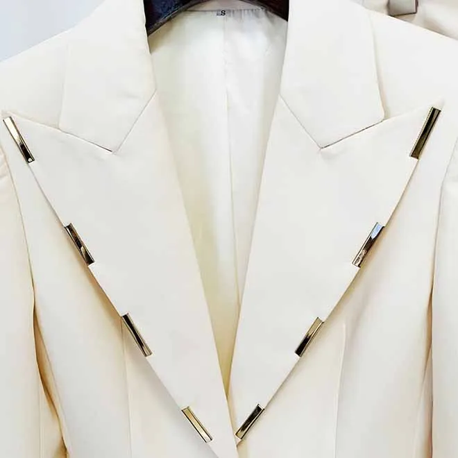 Women Cream/ Black One Button Pantsuit Metal Trim Fitted Blazer   Flare Trousers Pants Suit Wedding Suit