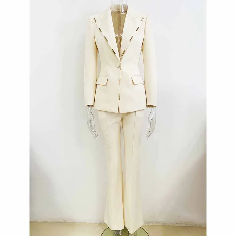 Women Cream/ Black One Button Pantsuit Metal Trim Fitted Blazer   Flare Trousers Pants Suit Wedding Suit
