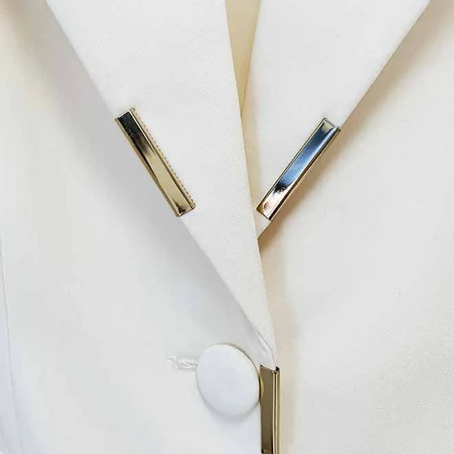 Women Cream/ Black One Button Pantsuit Metal Trim Fitted Blazer   Flare Trousers Pants Suit Wedding Suit