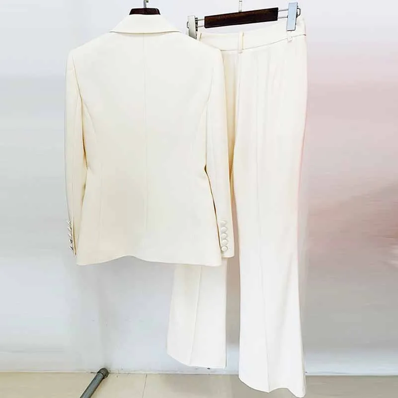 Women Cream/ Black One Button Pantsuit Metal Trim Fitted Blazer   Flare Trousers Pants Suit Wedding Suit