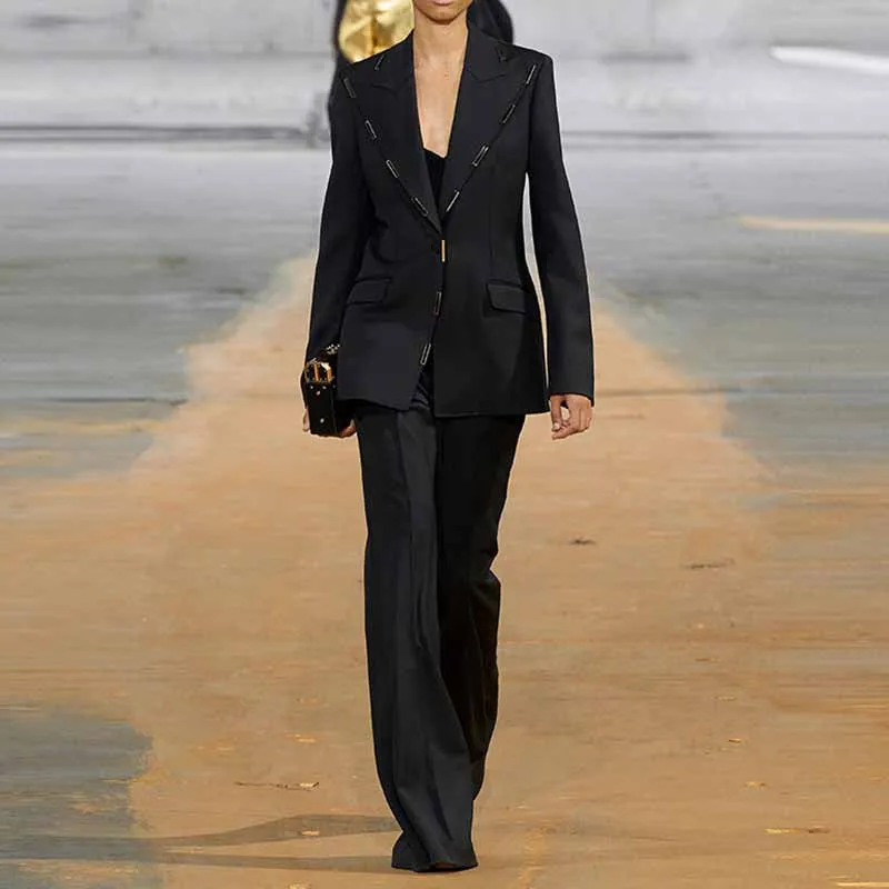 Women Cream/ Black One Button Pantsuit Metal Trim Fitted Blazer   Flare Trousers Pants Suit Wedding Suit