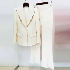 Women Cream/ Black One Button Pantsuit Metal Trim Fitted Blazer   Flare Trousers Pants Suit Wedding Suit