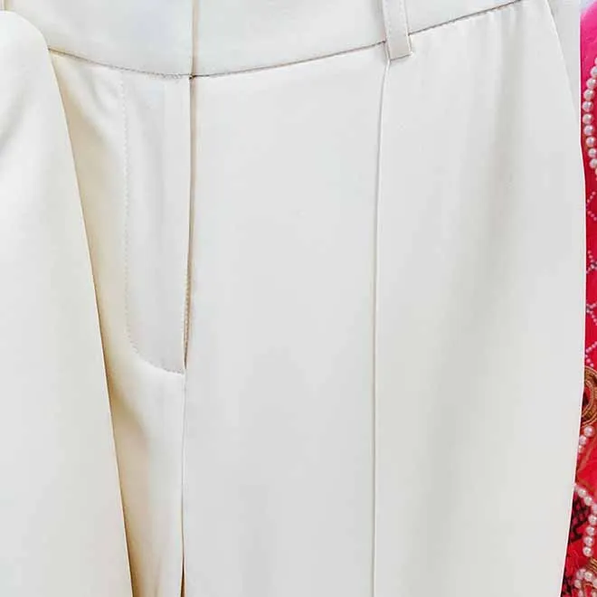 Women Cream/ Black One Button Pantsuit Metal Trim Fitted Blazer   Flare Trousers Pants Suit Wedding Suit