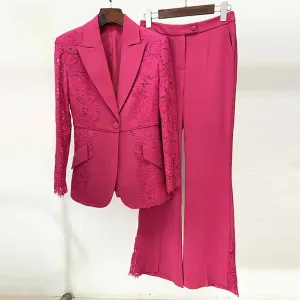 Women Hot Pink Light Pink Pantsuit Lace High Waist Fitted Blazer   Flare Trousers Pants Suit / Wedding Suit