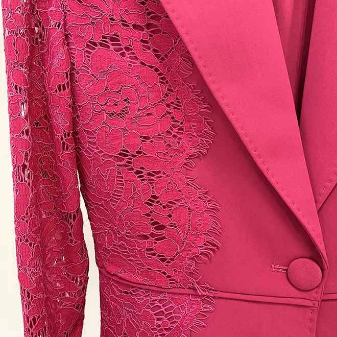 Women Hot Pink Light Pink Pantsuit Lace High Waist Fitted Blazer   Flare Trousers Pants Suit / Wedding Suit