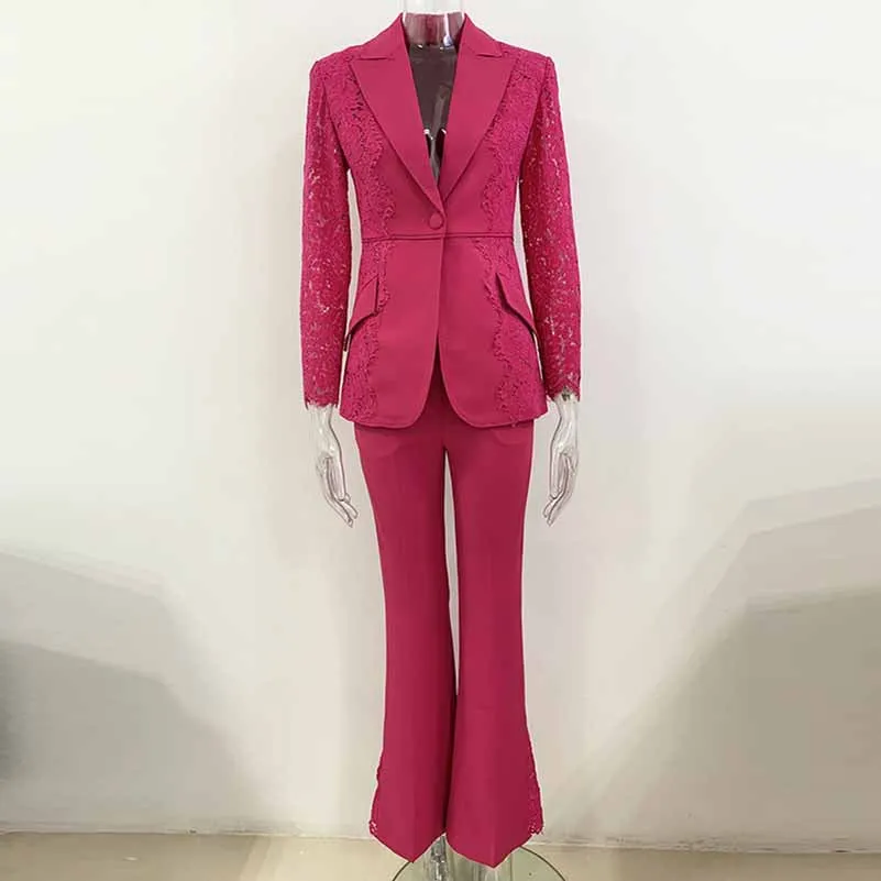Women Hot Pink Light Pink Pantsuit Lace High Waist Fitted Blazer   Flare Trousers Pants Suit / Wedding Suit