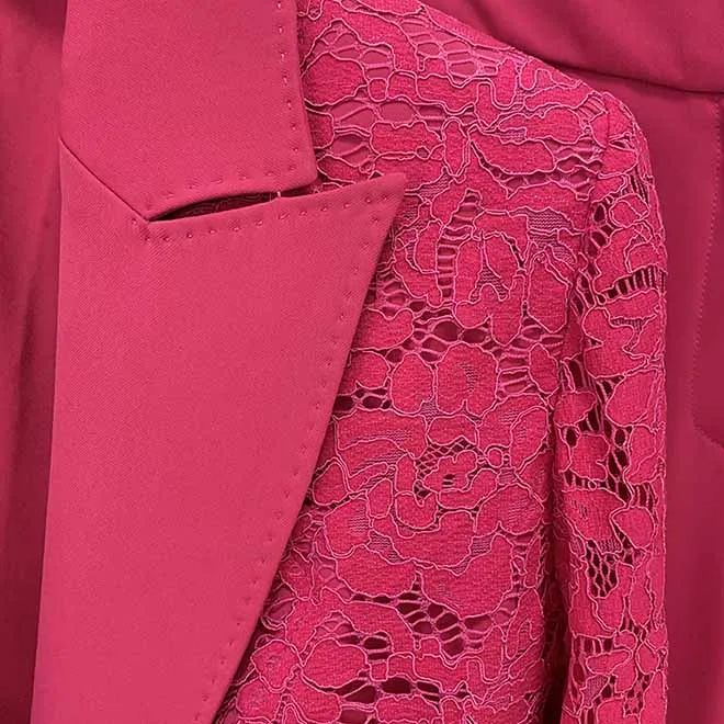 Women Hot Pink Light Pink Pantsuit Lace High Waist Fitted Blazer   Flare Trousers Pants Suit / Wedding Suit