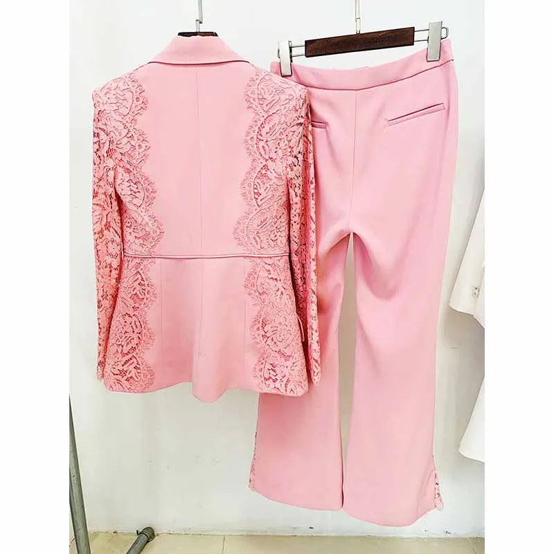 Women Hot Pink Light Pink Pantsuit Lace High Waist Fitted Blazer   Flare Trousers Pants Suit / Wedding Suit