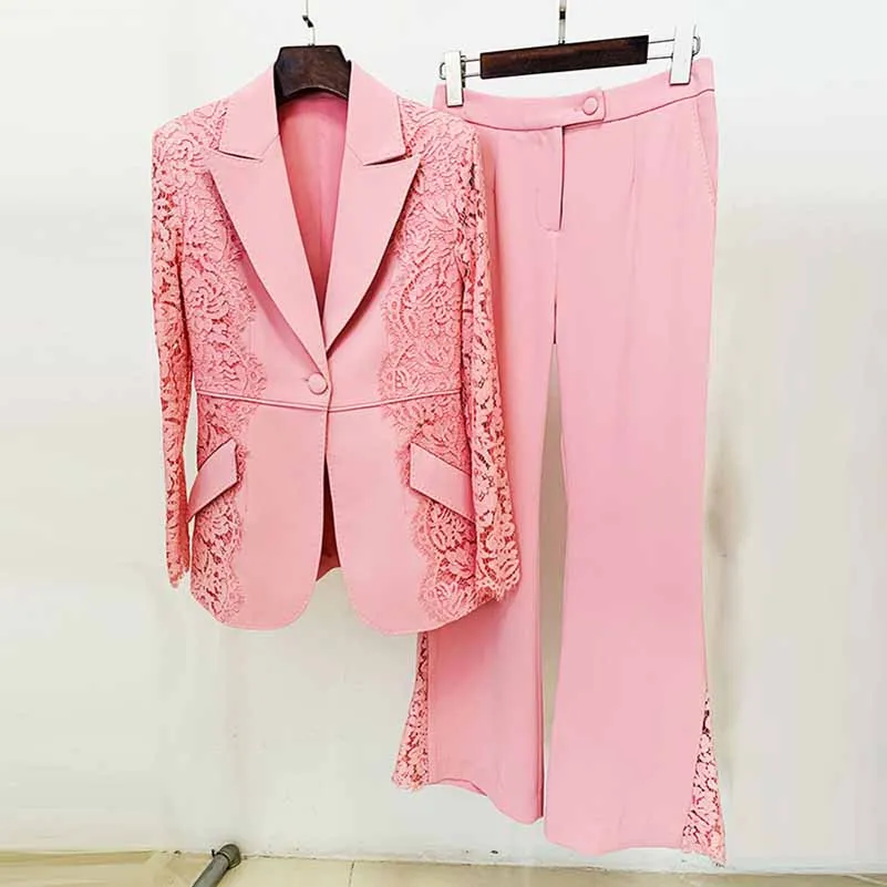 Women Hot Pink Light Pink Pantsuit Lace High Waist Fitted Blazer   Flare Trousers Pants Suit / Wedding Suit