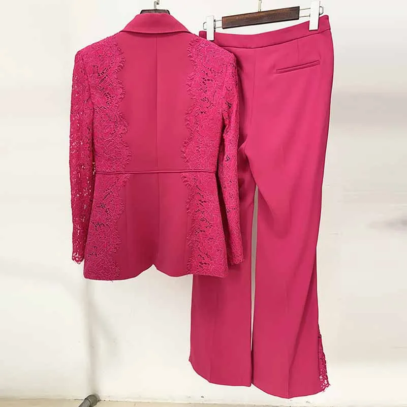 Women Hot Pink Light Pink Pantsuit Lace High Waist Fitted Blazer   Flare Trousers Pants Suit / Wedding Suit