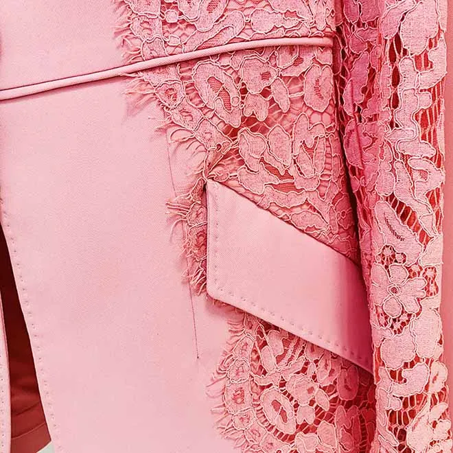 Women Hot Pink Light Pink Pantsuit Lace High Waist Fitted Blazer   Flare Trousers Pants Suit / Wedding Suit