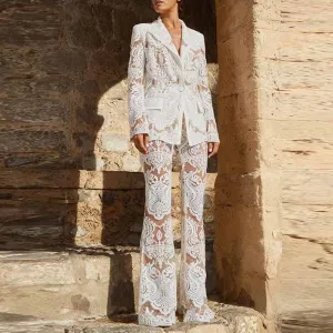 Women Luxury Sequinned Mesh Lace Blazer Jacket   Flare Trousers Pants Suit Wedding Suit