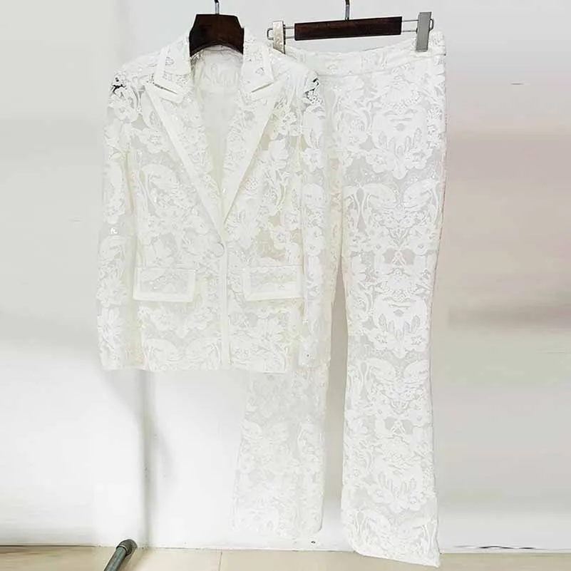 Women Luxury Sequinned Mesh Lace Blazer Jacket   Flare Trousers Pants Suit Wedding Suit