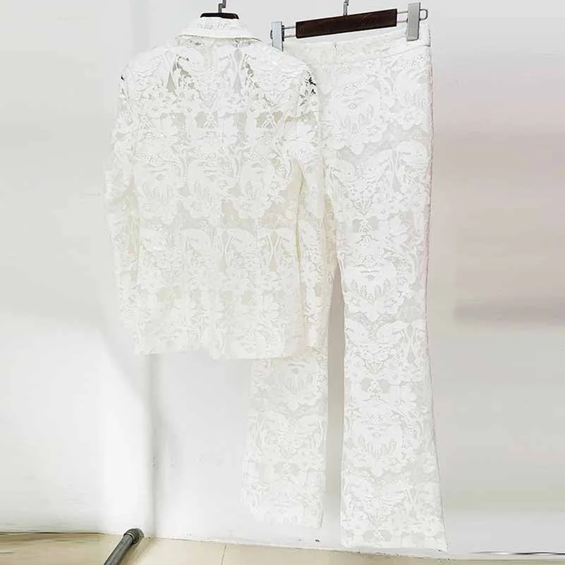 Women Luxury Sequinned Mesh Lace Blazer Jacket   Flare Trousers Pants Suit Wedding Suit