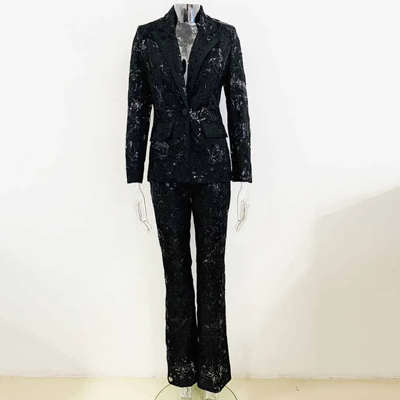 Women Luxury Sequinned Mesh Lace Blazer Jacket   Flare Trousers Pants Suit Wedding Suit