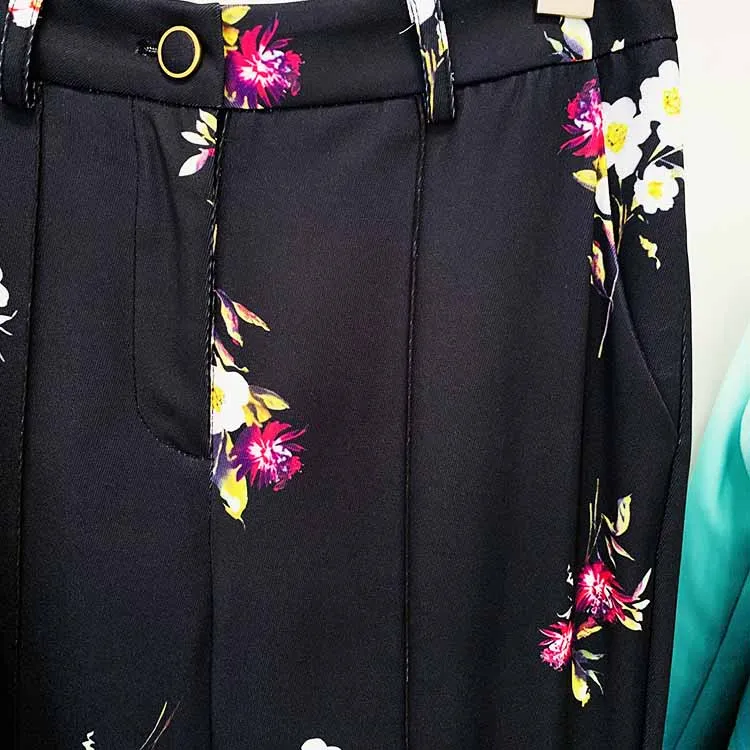 Women One Button Deep V Neck Floral Fitted Blazer   Flare Trousers Black Pants Suit