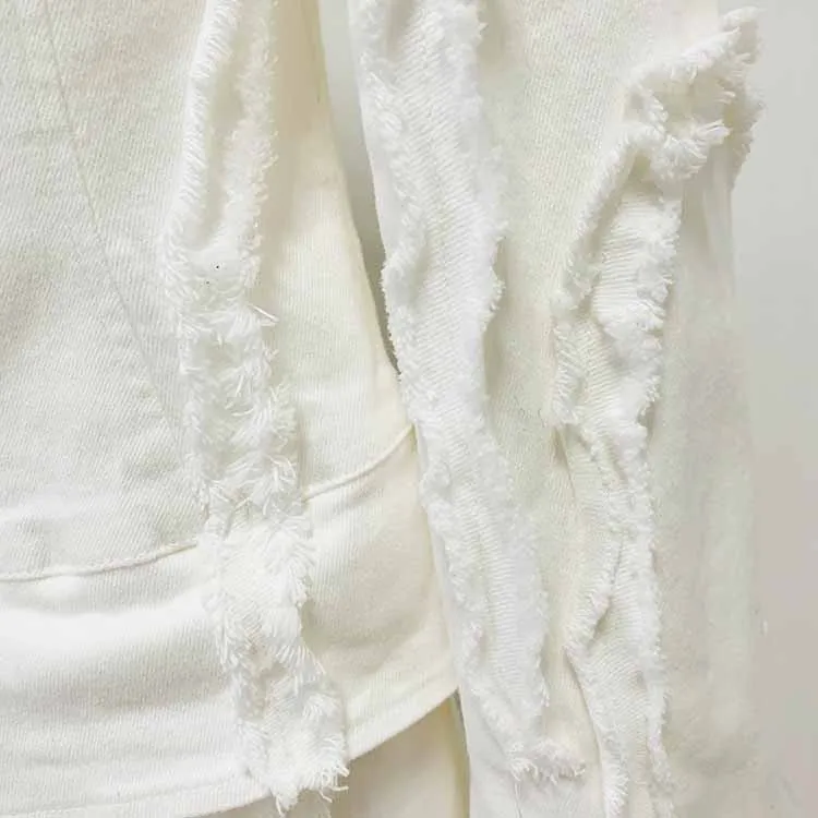 Women White Denim Pantsuits Thickened Shoulder Pad with Tassels Jacket, Jeans Suit