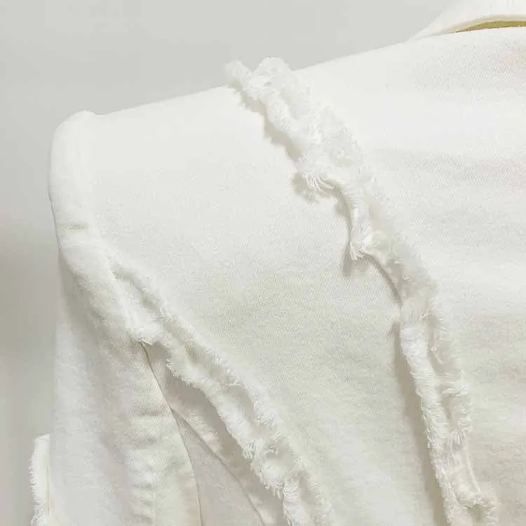 Women White Denim Pantsuits Thickened Shoulder Pad with Tassels Jacket, Jeans Suit