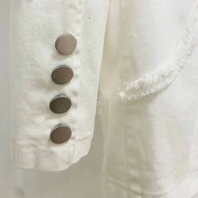Women White Denim Pantsuits Thickened Shoulder Pad with Tassels Jacket, Jeans Suit