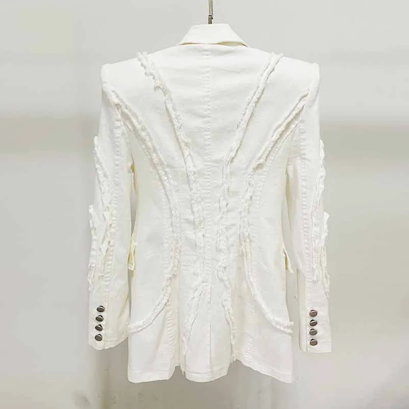 Women White Denim Pantsuits Thickened Shoulder Pad with Tassels Jacket, Jeans Suit