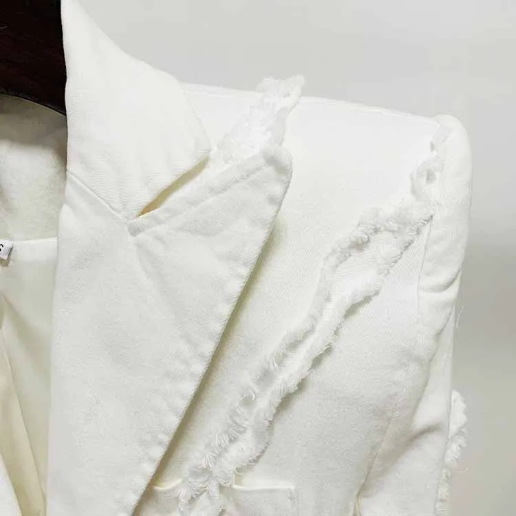 Women White Denim Pantsuits Thickened Shoulder Pad with Tassels Jacket, Jeans Suit