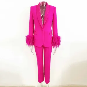 Women's Event Pantsuits with Feather One Button Wedding Suit Party Set