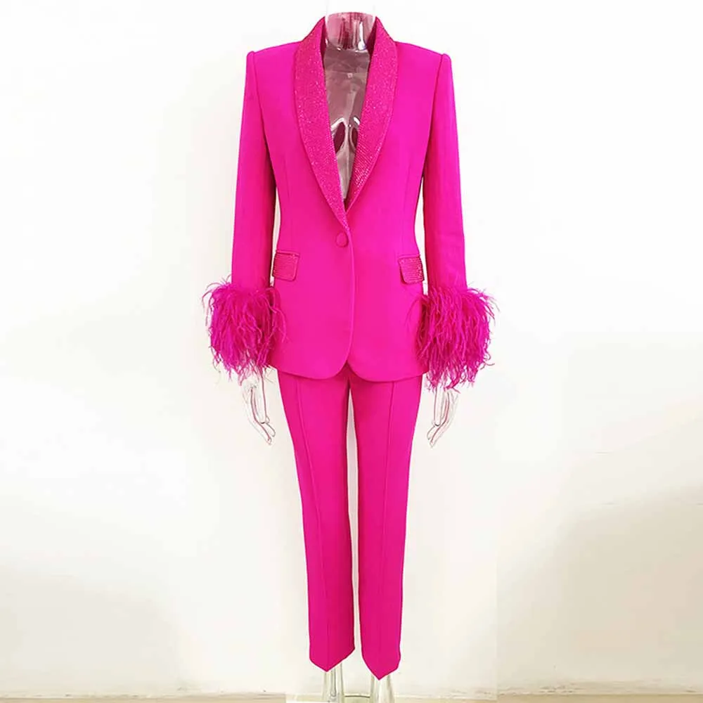 Women's Event Pantsuits with Feather One Button Wedding Suit Party Set