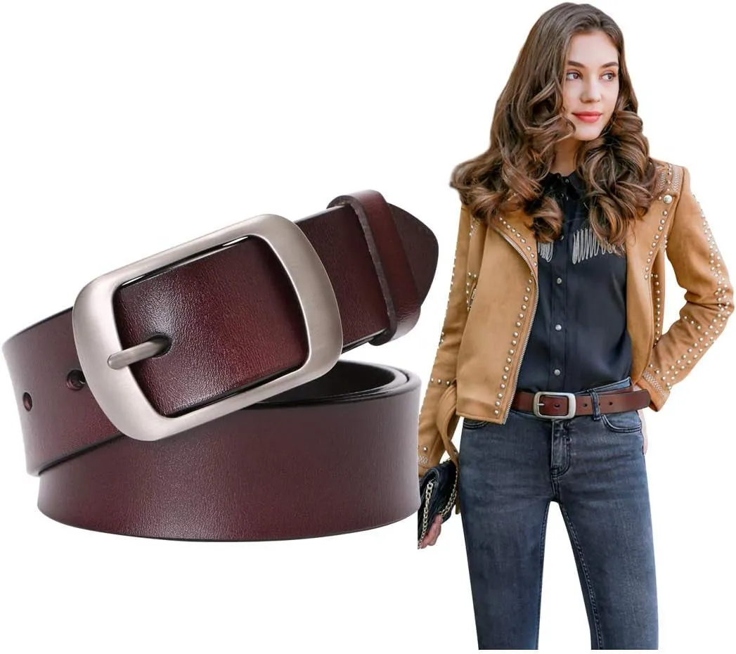 Womens Leather Belt for Jeans Pants with Pin Buckle width 1.3"