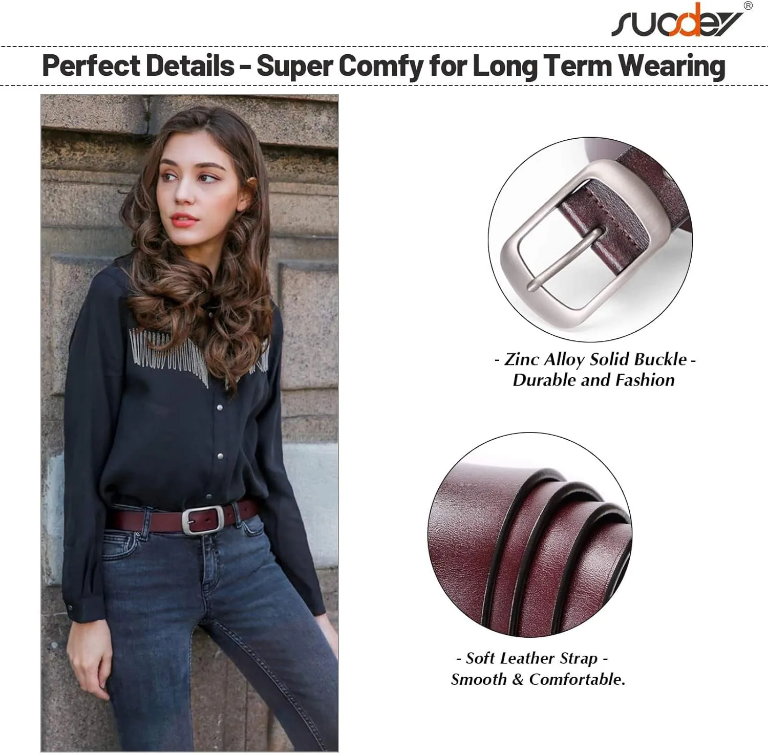 Womens Leather Belt for Jeans Pants with Pin Buckle width 1.3"