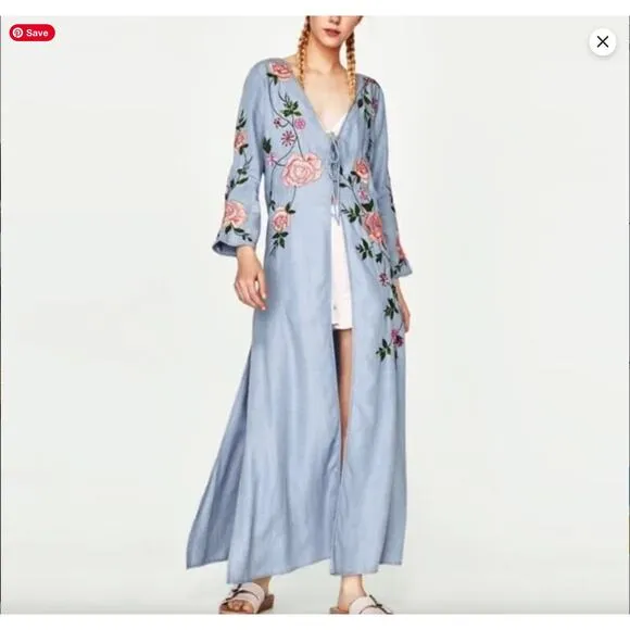 Zara Trafaluc Denimwear Floral Embroidered Kimono Light Denim Button Tie Small