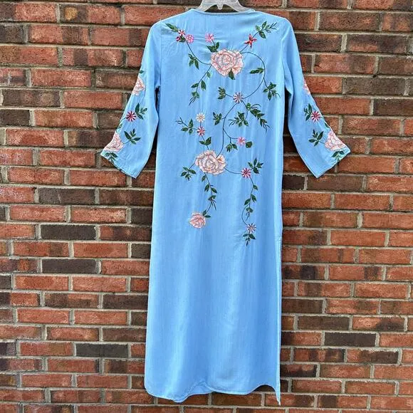 Zara Trafaluc Denimwear Floral Embroidered Kimono Light Denim Button Tie Small