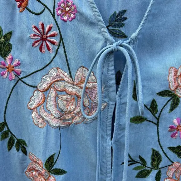 Zara Trafaluc Denimwear Floral Embroidered Kimono Light Denim Button Tie Small