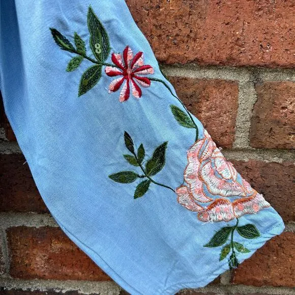 Zara Trafaluc Denimwear Floral Embroidered Kimono Light Denim Button Tie Small