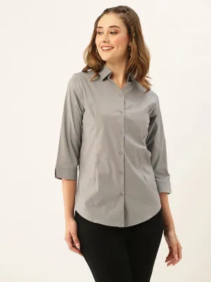 Zola Grey Cotton Shirt Collar 3/4th Sleeves Formal Wear Shirt For Women