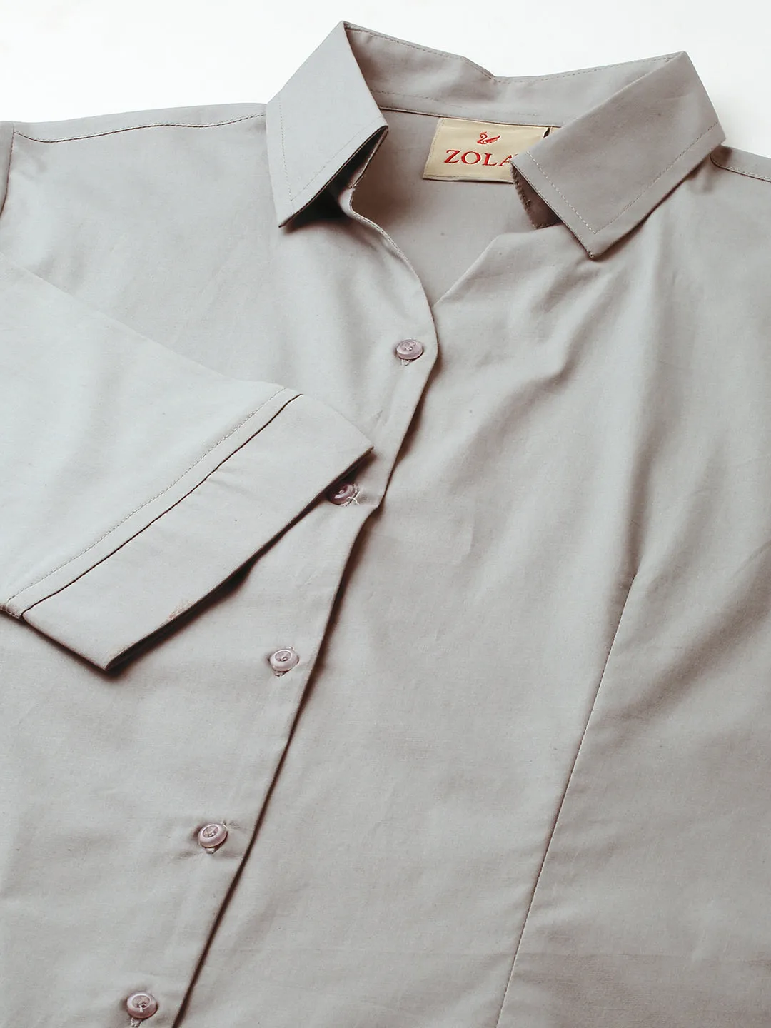 Zola Grey Cotton Shirt Collar 3/4th Sleeves Formal Wear Shirt For Women