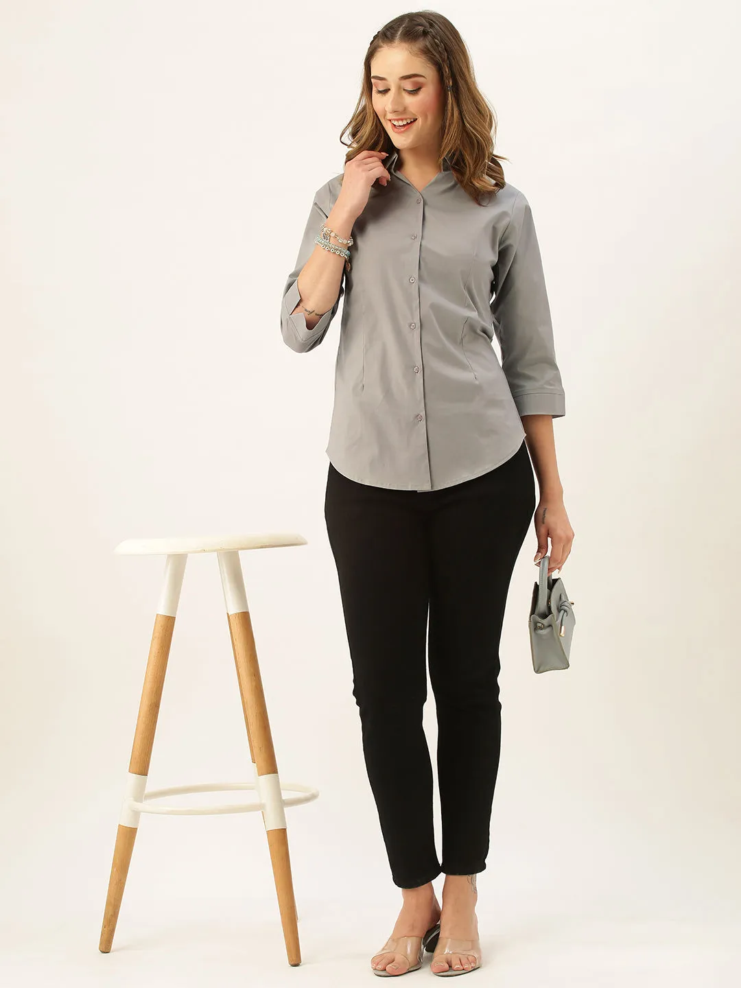 Zola Grey Cotton Shirt Collar 3/4th Sleeves Formal Wear Shirt For Women
