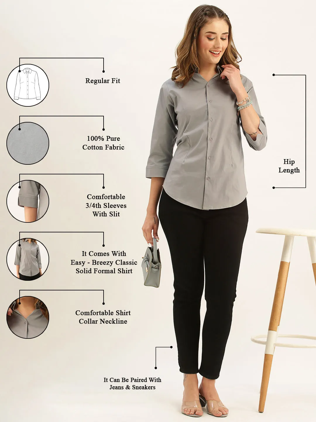 Zola Grey Cotton Shirt Collar 3/4th Sleeves Formal Wear Shirt For Women
