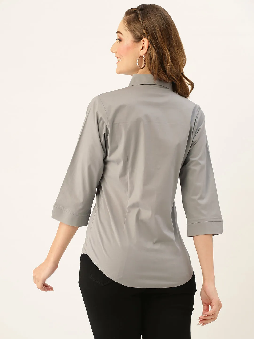 Zola Grey Cotton Shirt Collar 3/4th Sleeves Formal Wear Shirt For Women