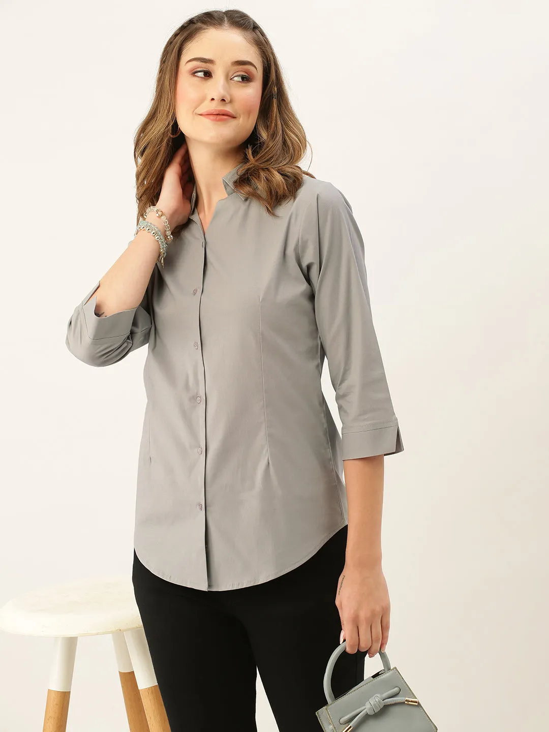 Zola Grey Cotton Shirt Collar 3/4th Sleeves Formal Wear Shirt For Women