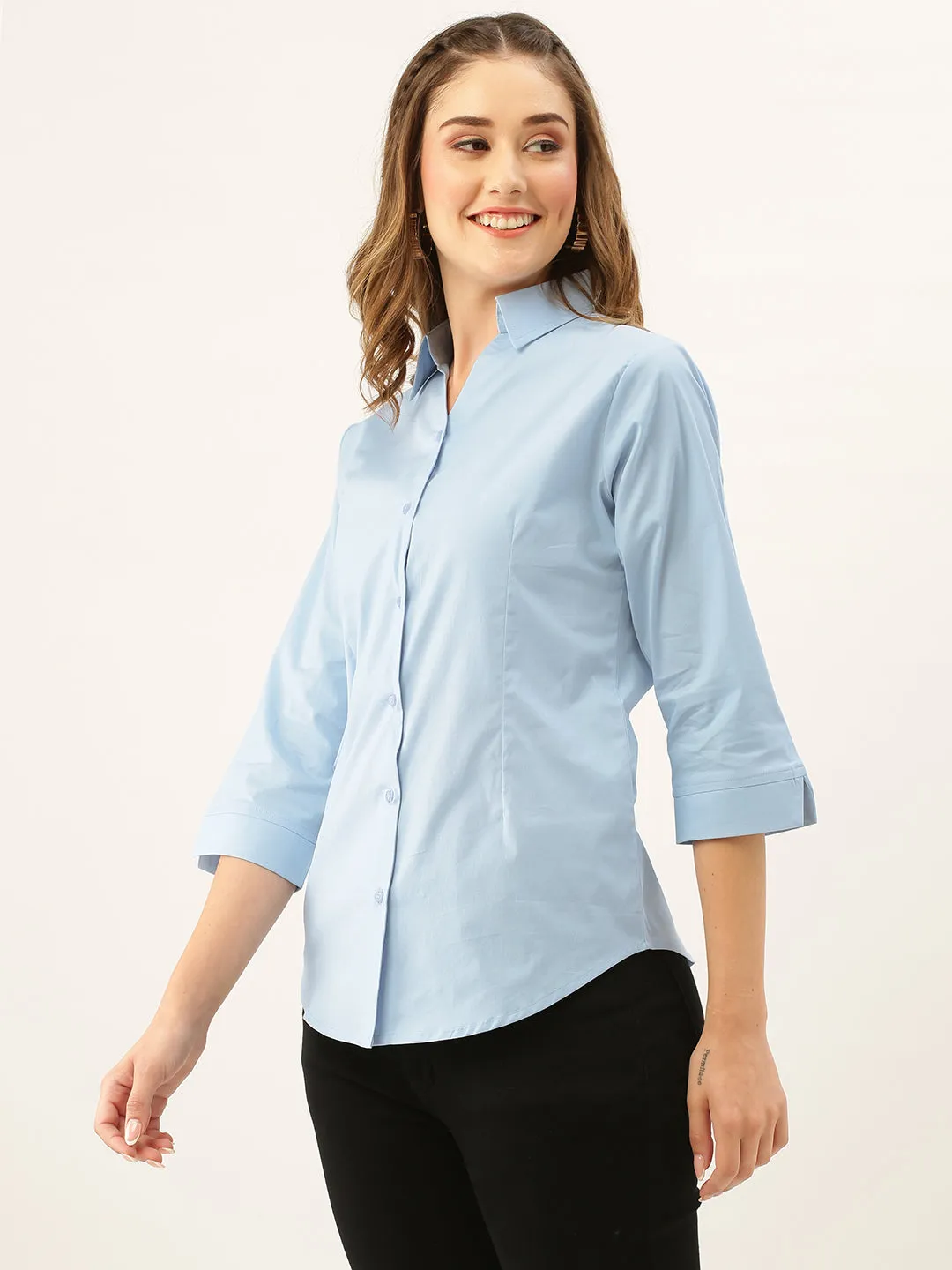Zola Sky Blue Cotton Shirt Collar 3/4th Sleeves Formal Wear Shirt For Women