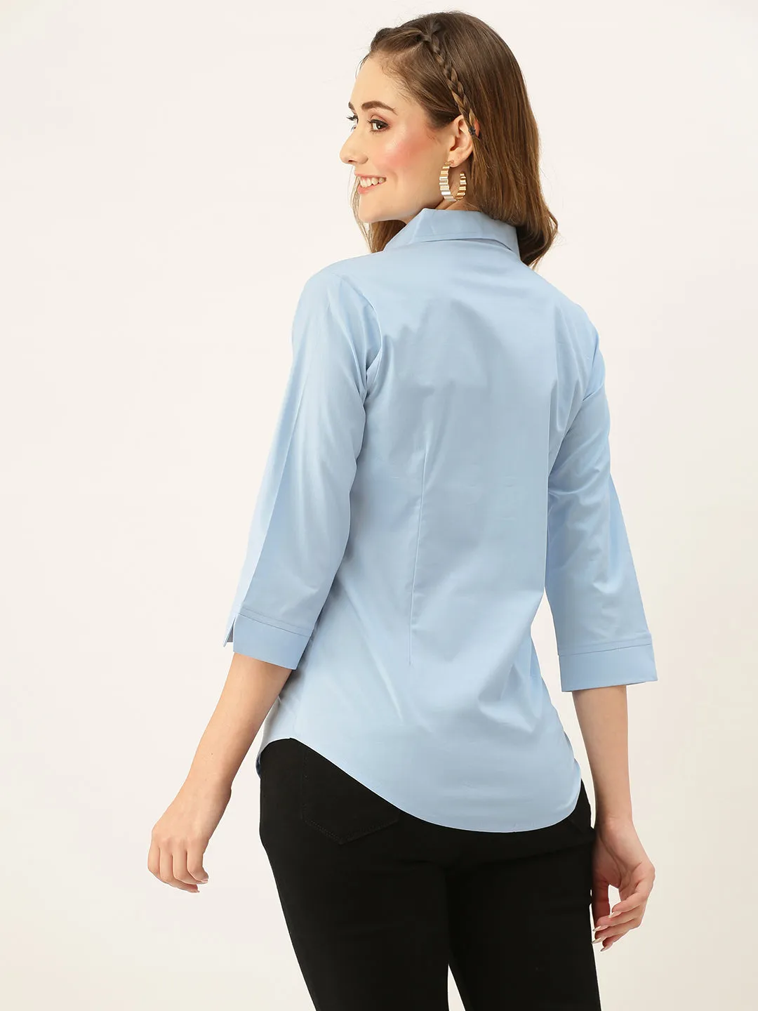 Zola Sky Blue Cotton Shirt Collar 3/4th Sleeves Formal Wear Shirt For Women